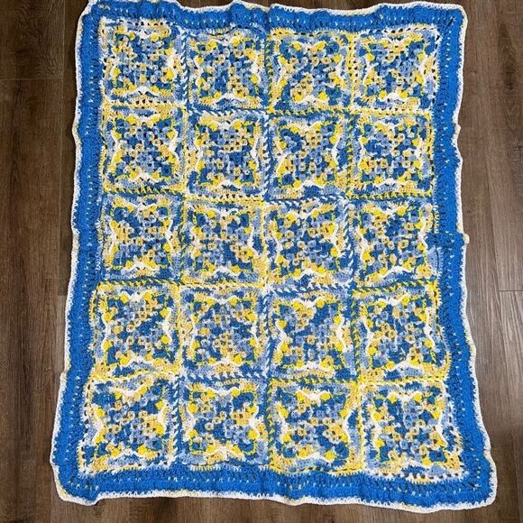 Handmade Crocheted Blanket Afghan Blue Yellow  White EUC Baby Shower Gift 💝 - Picture 2 of 11
